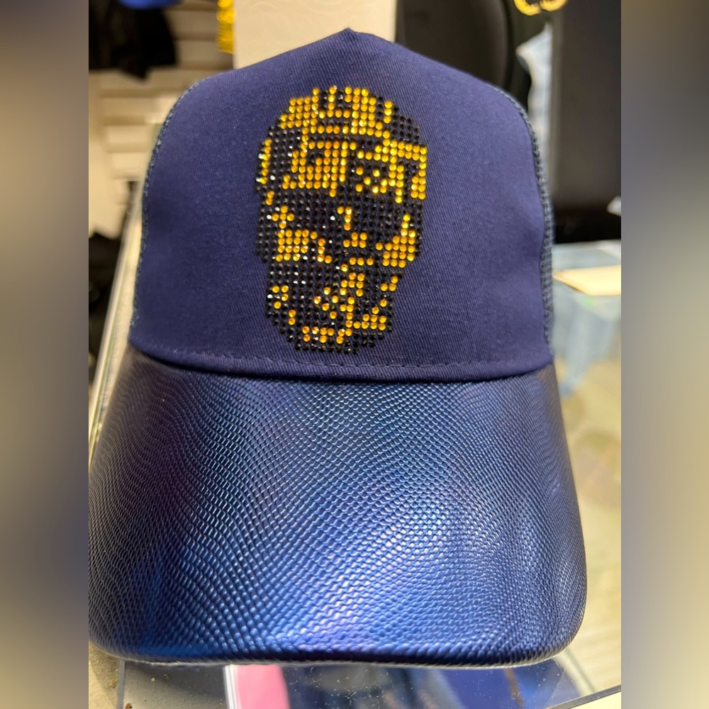 Beautiful nice navy blue hat 🧢 with golden rhinestones skeleton design